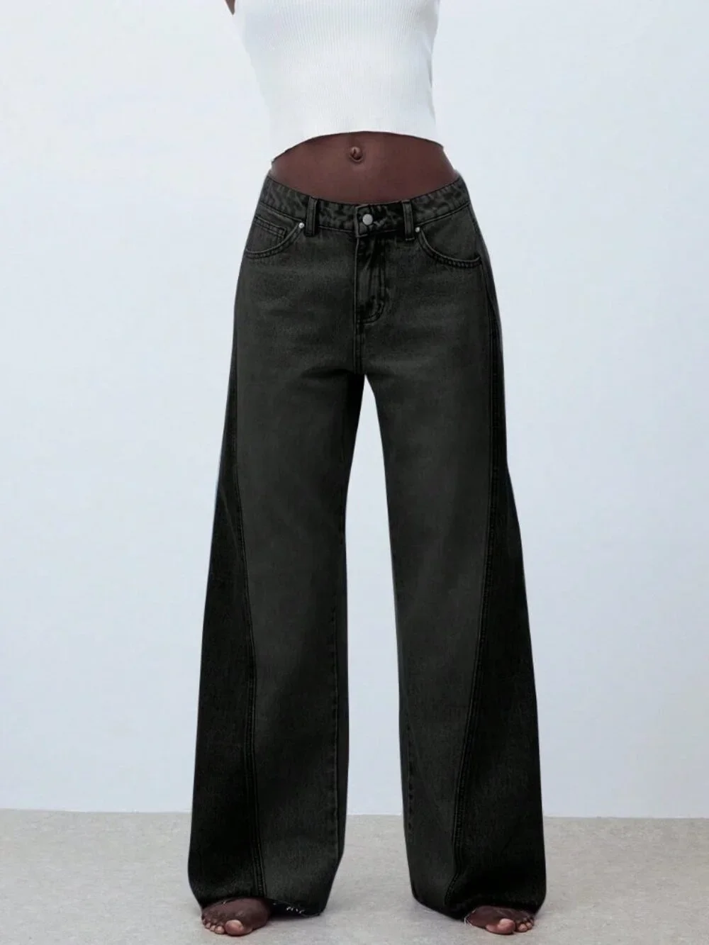 Black Casual Women's Loose Fit Pocket Flare Leg Jeans